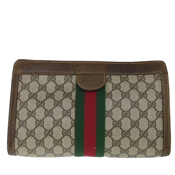 GUCCI GG Canvas Web Sherry Line Clutch Bag PVC Leather Beige Green Auth 54839 - Picture 2 of 16